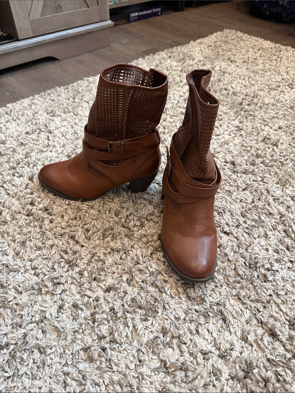 Maurices Cognac Brown Perforated Mid-Calf Buckle Boots